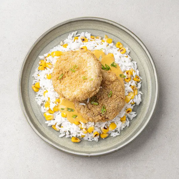 Panko Crusted Fish Curry Bowl with Sweet Corn Rice